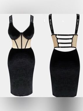 Black Velvet Midi Dress with Strappy Cutouts